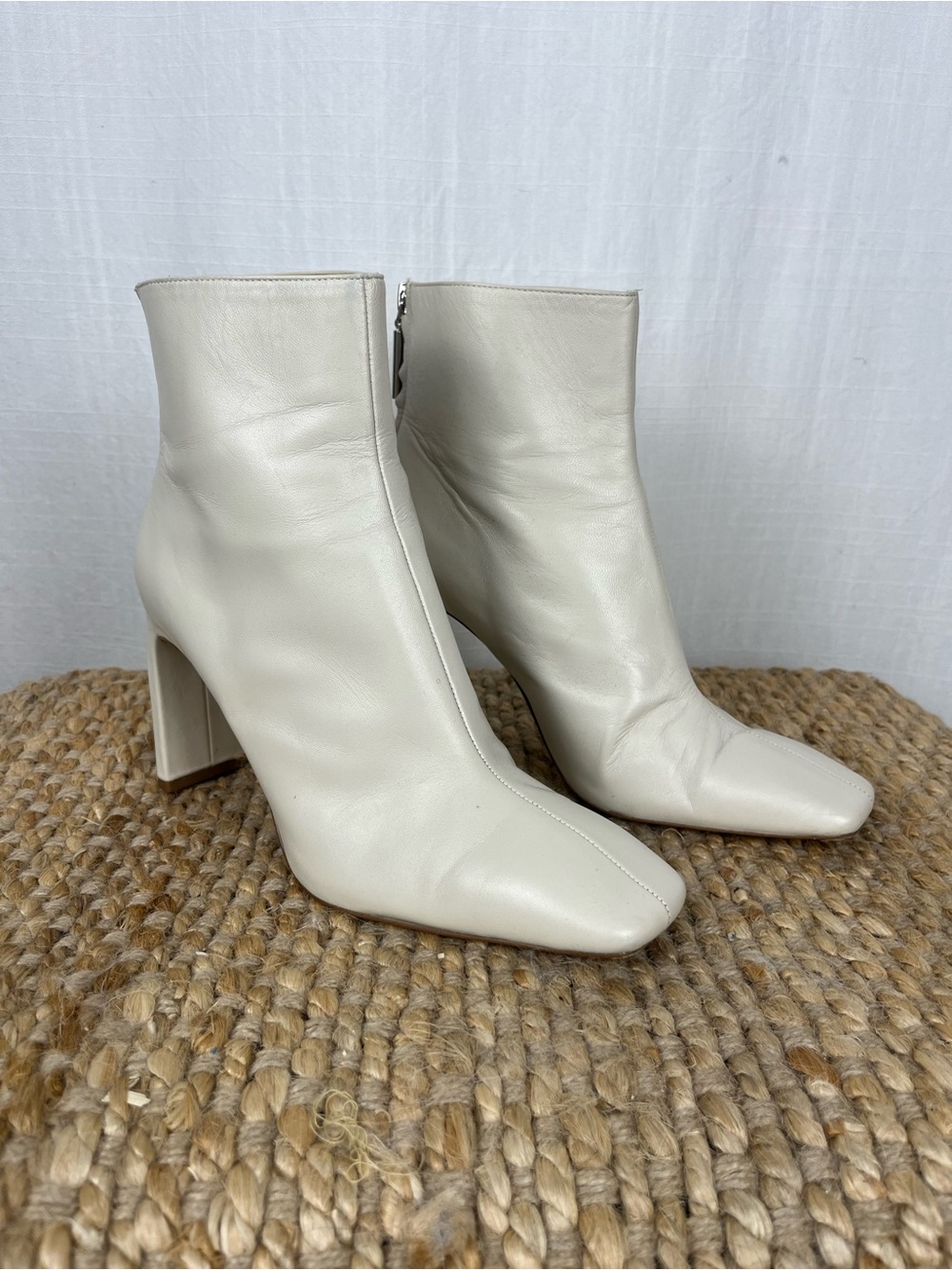 Zara Cream Leather Square-Toe Block Heel Ankle Boots